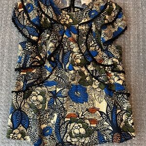 Sezane Blue and Black Ruffled Cap Sleeve Blouse